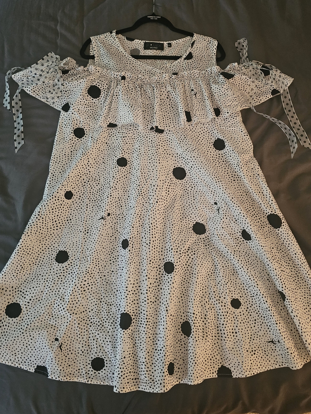 Patrizia Luca Black and White Polka Dot Cold-Shoulder Mini Dress